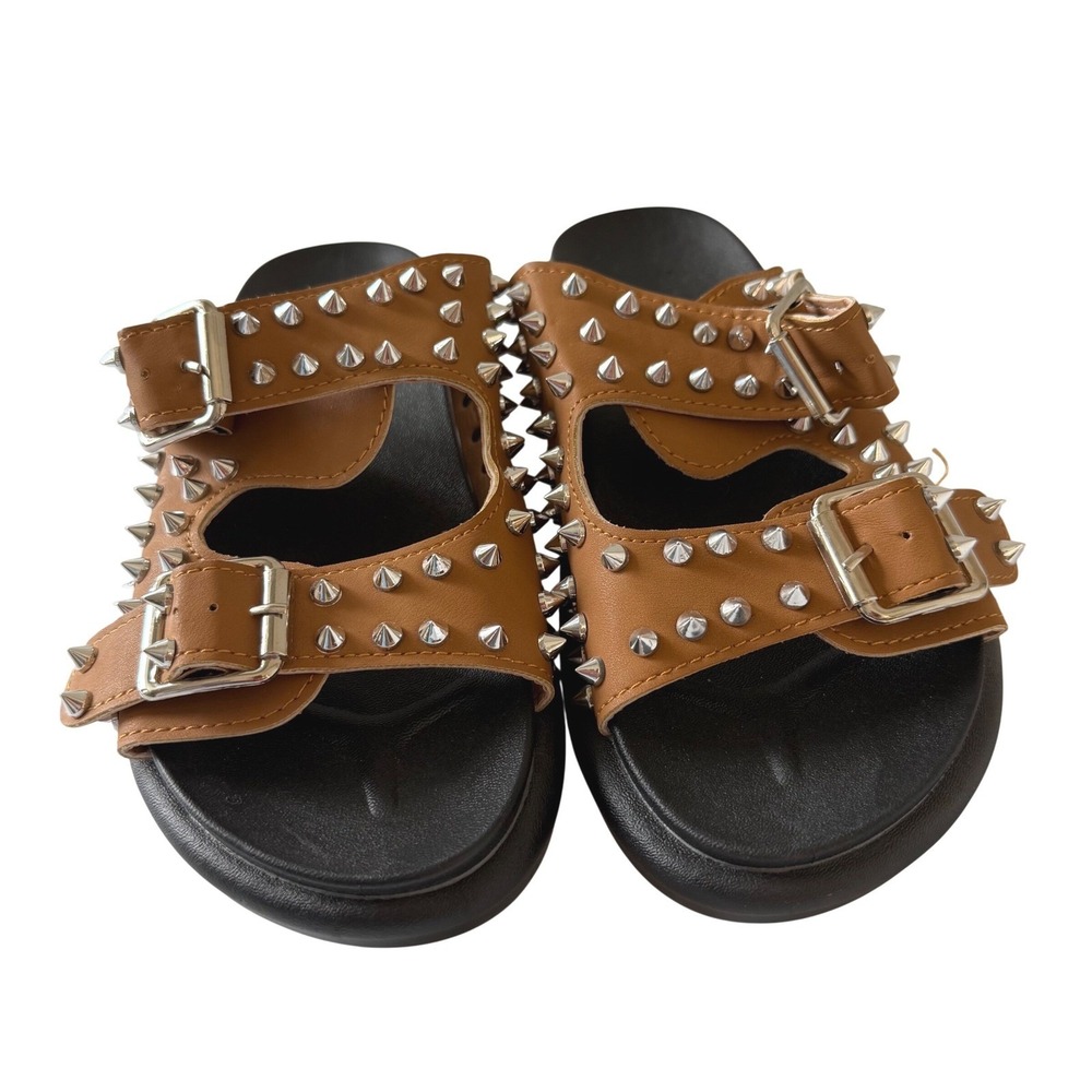 Studded Double Buckle Platform Slide Sandals Brown Silver Street Punk Sz 36 New - Picture 2 of 7